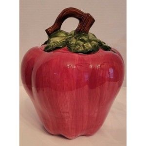 Vintage 1996 Cracker Barrel Red Delicious Apple Ceramic Cookie Jar Green Leaves